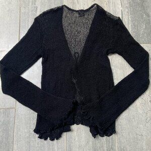 Van Klee Sheer Tissue Knit Ruffle Collar Tie Front Cardigan Sweater Black OS